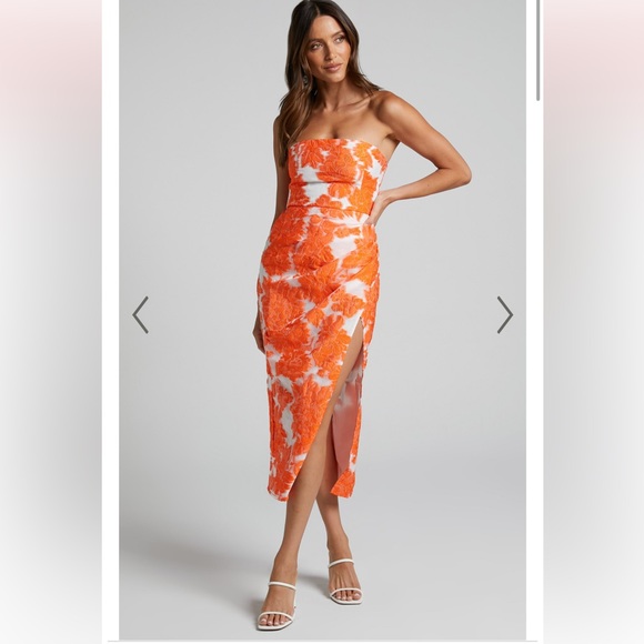 Showpo. Dresses & Skirts - BRAILEY MIDI DRESS - THIGH SPLIT STRAPLESS DRESS IN ORANGE & WHITE JACQUARD